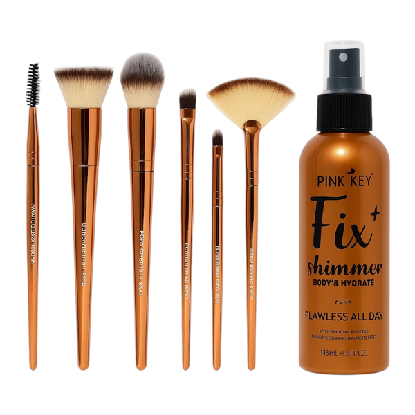 6 Piece Rose Gold Makeup Brush Set Bronze Shimmer Glow Setting Spray 180 ml