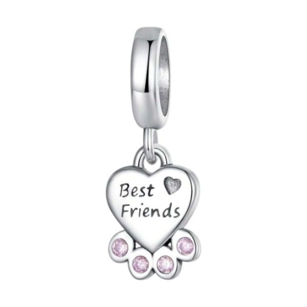 925 Silver Hanging Heart-Shaped Engraved Charm With Paw Print - Silver