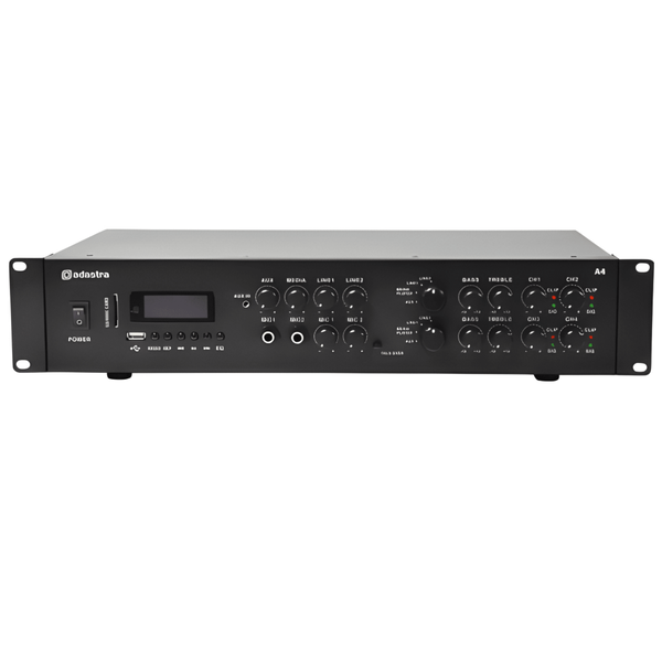 ADASTRA 953.404AD A4 Dual Stereo PA Mixer-Amplifier: 4×200W with USB