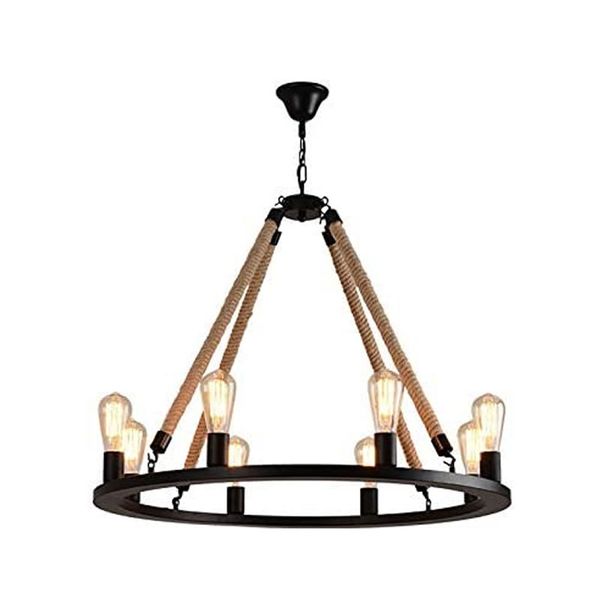 Vintage 8 Light Rope and Wrought Iron Pendant Light