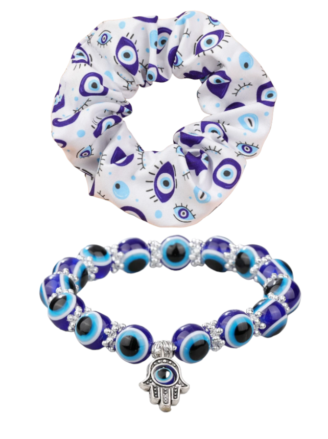 Evil Eye Hamsa Blue Beaded Bracelet With Evil Eye Hair Scrunchie By CC