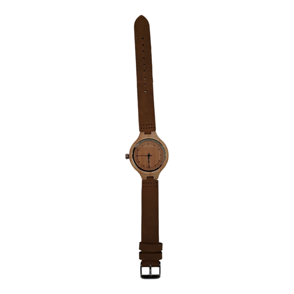Gift Emporium Men's Wooden Face Watch with Brown Leather Strap - Light Wood