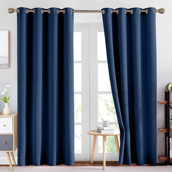 NANWEI 2-Pack Blackout Eyelet Curtains Bedroom Eyelet Plain- blue