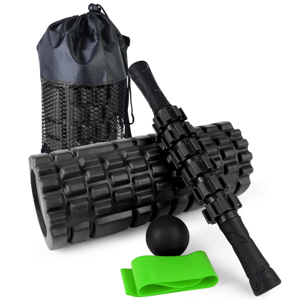 Foam Roller Set: Foam Roller, Muscle Roller Stick, Band, Massage Ball and Bag