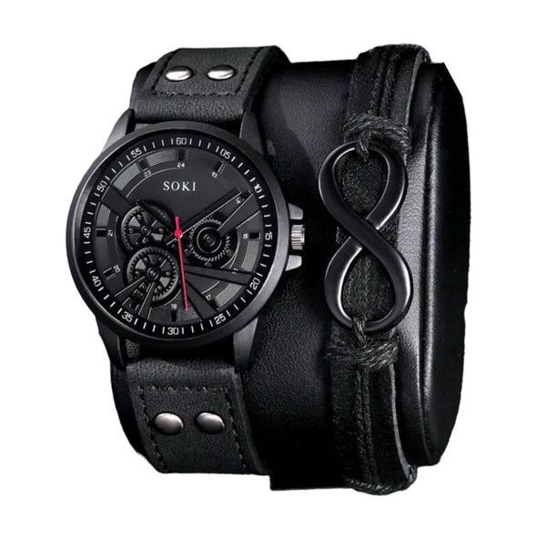 Soki 2 Piece Set Men's Black Casual Quartz Watch And Bracelet