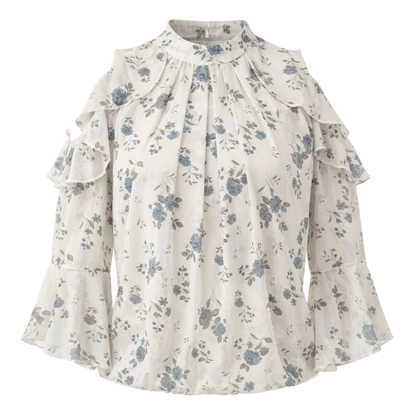 Cold Shoulder Floral Print Semi-Sheer Blouse - Multicolor