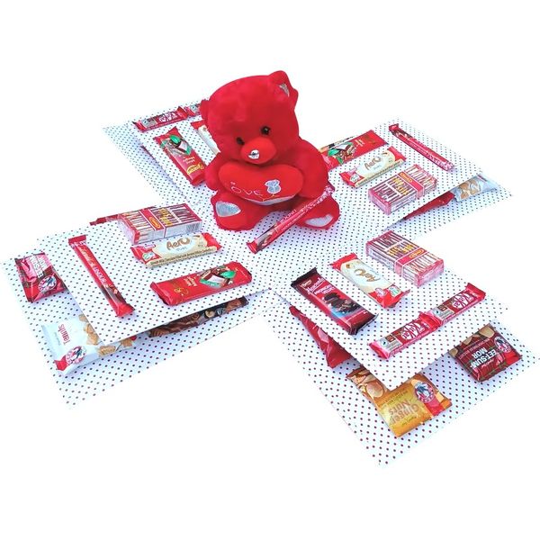 Red Charm | 2-layer Large Teddy &amp; Snack Explosion Box | Gift Hamper