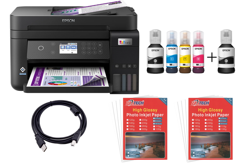 Epson EcoTank L6270 + 2 ZATECH Glossy photo Papers Sheets &amp; Printer Cable