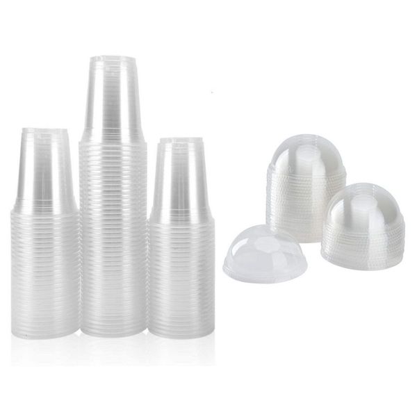 50-Piece Transparent, Disposable Clear Plastic Drinking Cups with Dome Lids