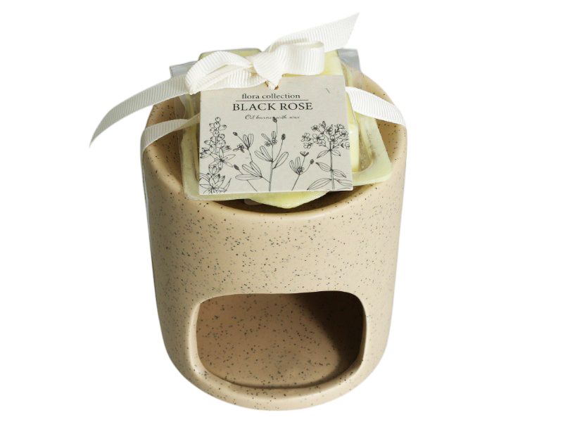 Cream Ceramic Oil Burner with Black Rose Scent 9x10cm