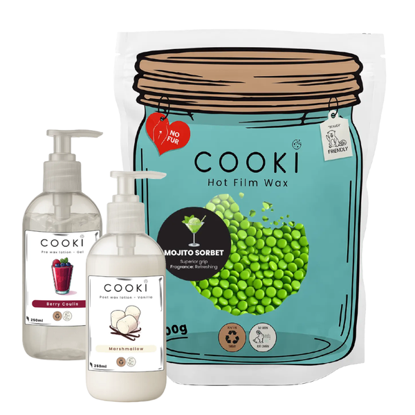 Cooki Mojito Sorbet Hot Film Wax 800g, Pre + Post Wax Lotion - Full Wax Kit