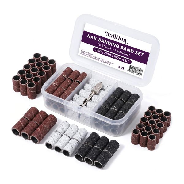 Nail Sanding Band Set - 75 Pieces+ Mandrel | 80/120/240 Grit for Nail Drill