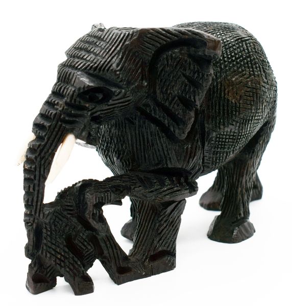 African Hand Carved Elephant and Baby Figurine - 10cm