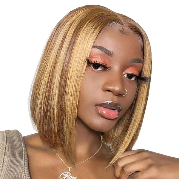 13x4 HD Lace Closure Wig Glueless Synthetic Wig Yellow Highlights 12 Inch
