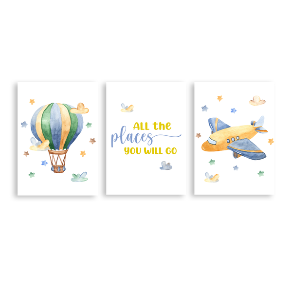 Nursery Wall Art - All The Places - Canvas Set of 3x A3