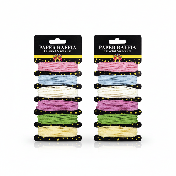 Raffia Paper Twine - 6 Assorted Colours, 5mm x 5m for Crafting - 2 Pack