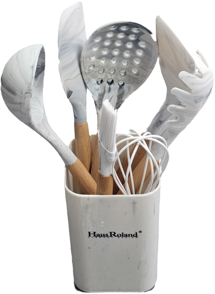 Haus Roland 8pc Silicone Kitchen Utensil Set with Wooden Handle- Marble