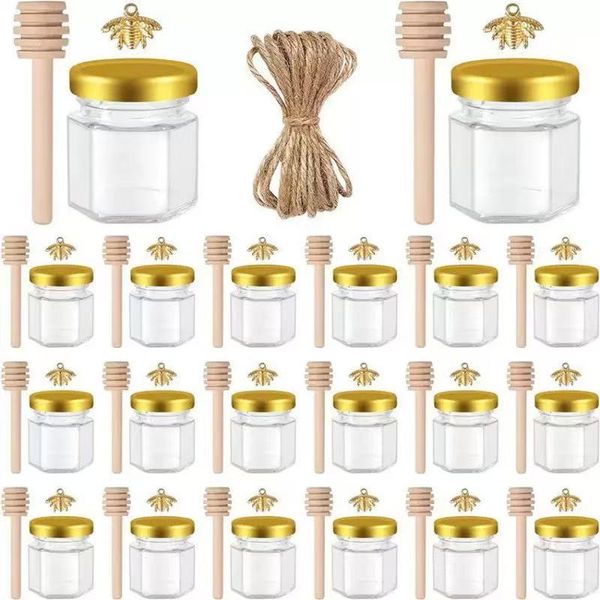 45ml Mini Glass Honey Jars with Lids, Dippers, Bee Charms &amp; Twine -20 Pack