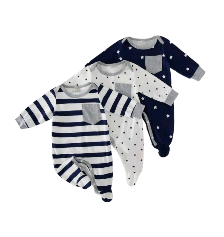 Baby Long Sleeve Onesie Set - Blue (set Of 3) 