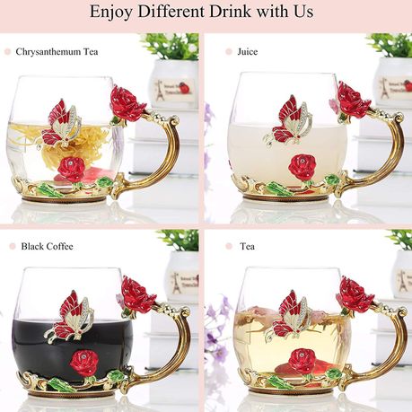 Glass Coffee Mugs with Spoon Enamel Butterfly Rose Flower Tea Cups with  Decorative Handle Tea Sets for Women Gift 