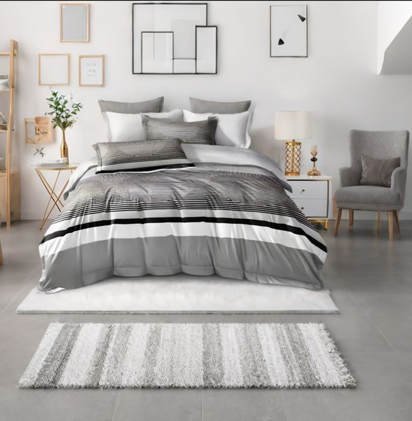 Grey, Black Polyester Striped All tc Duvet Cover 6 Piece
