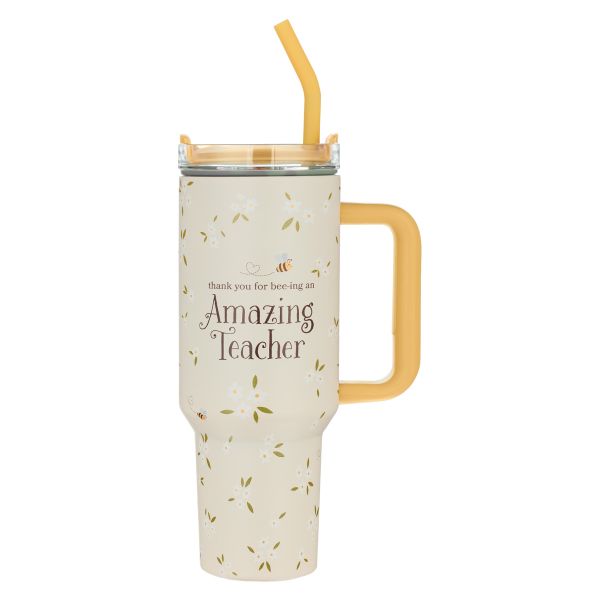Large Travel Mug with Straw - Thank You for Bee-Ing an Amazing Teacher