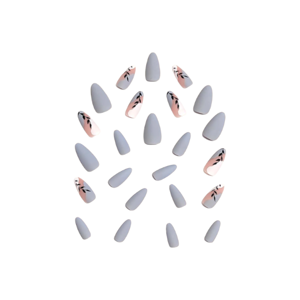 24pcs Almond Shape Press-On Nails With Leaf Design Kit - Matte Grey