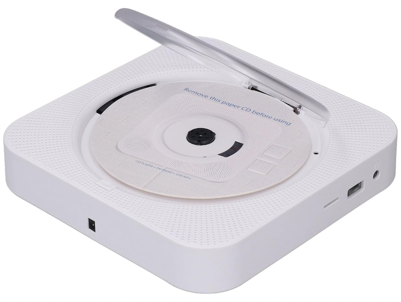 KC-909 White Wall Mountable CD Player with Bluetooth, FM Radio, USB/AUX