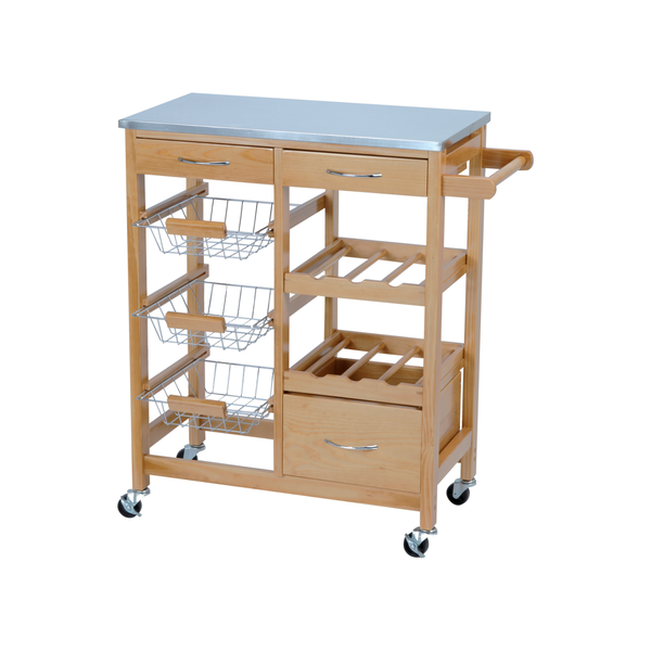 Pinewood Kitchen Trolley with Stainless Steel Countertop