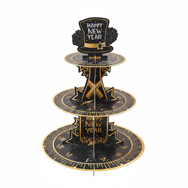 Happy New Year 3-Tier Paper Cake Stand - Black &amp; Gold