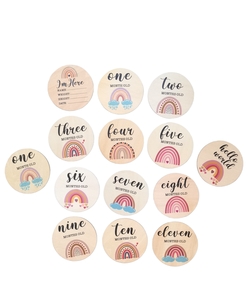 Rainbow Round Wood Engraved Baby Photography (Set of 14)