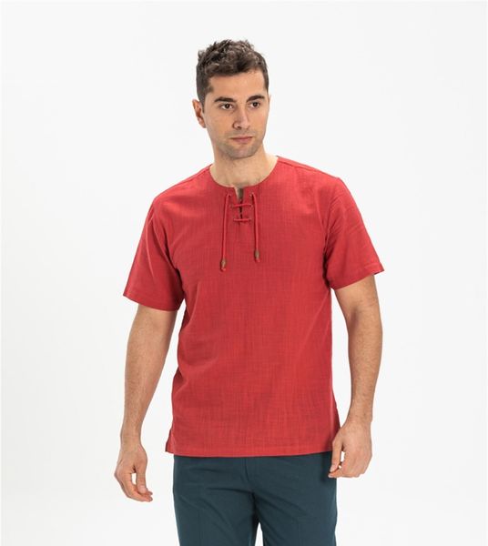 Men's Casual Lace-up/Tied-Up Collar Short Sleeve Shirt