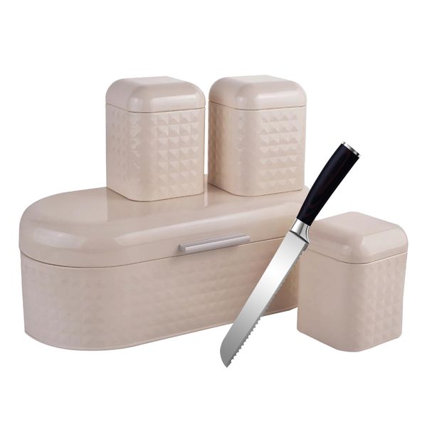 Super Attractive Diamond Design Bread Bin Set with Bread Knife - 5-Piece