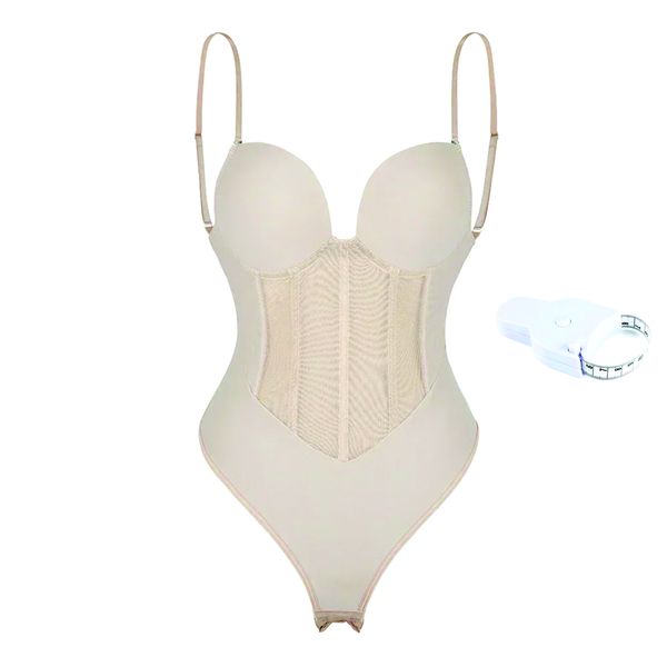 Tummy Control Shapewear Bodysuit Mesh Backless Bodyshaper Corset-BEIGE