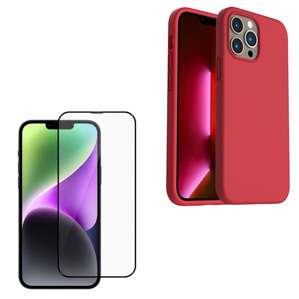 Red Silicone Case &amp; Screen Protector Combo For iPhone 14 Pro &amp; Pro Max