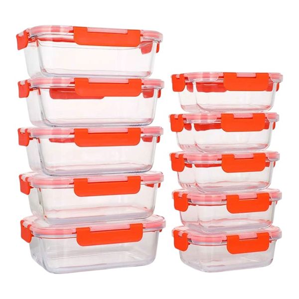 10 Pack - Glass Lunchbox Set With Airtight Locking Lids