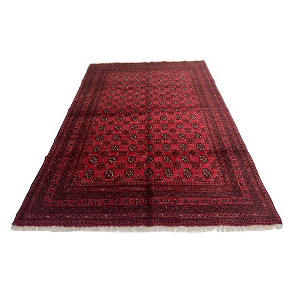 Red Afghan Bokhara Design Handwoven Carpet - 293 x 194 cm