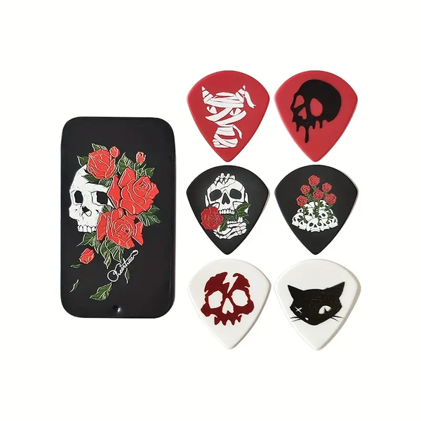 6pc Skull &amp; Rose Theme Guitar Pick Set - Mixed Hard Thickness in Tin Case