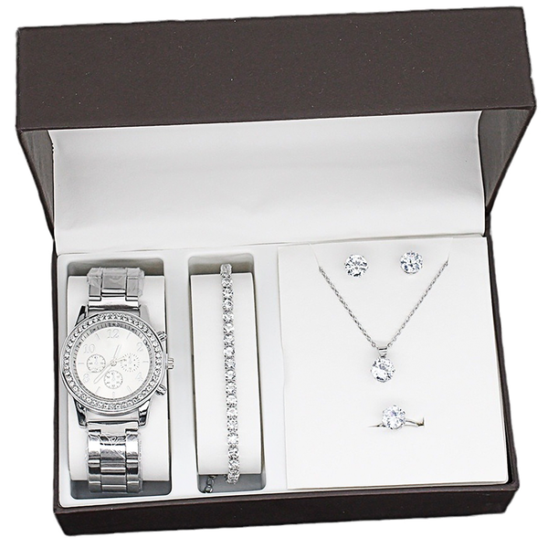 Crystal Watch Lady Accessories Gift Necklace Bracelet Ring Woman 5 Piece