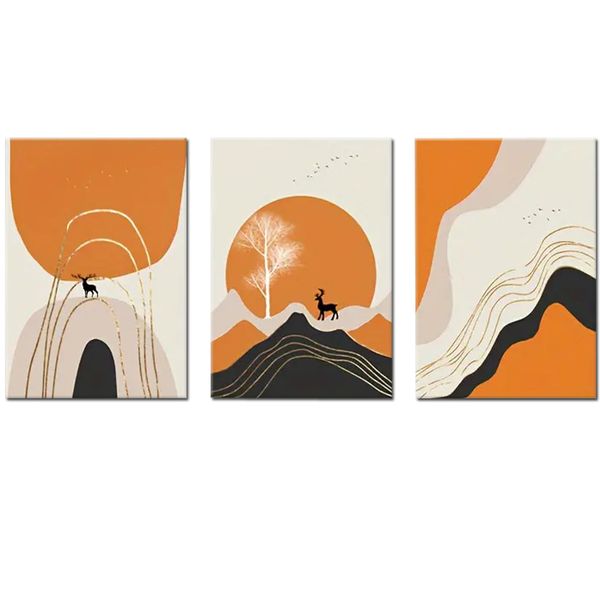 Canvas-Art-3 Pieces Deer Mountain Boho Style Abstract Wall Art