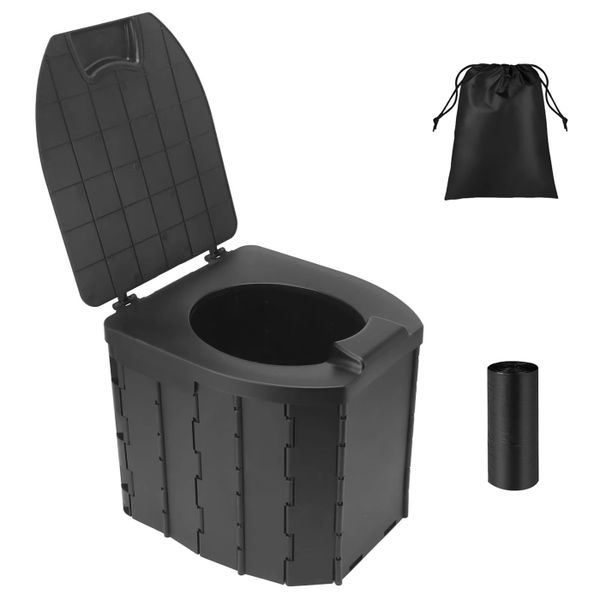 Portable Toilet, Foldable Camping Travel Potty with Lid &amp; Paper Holder
