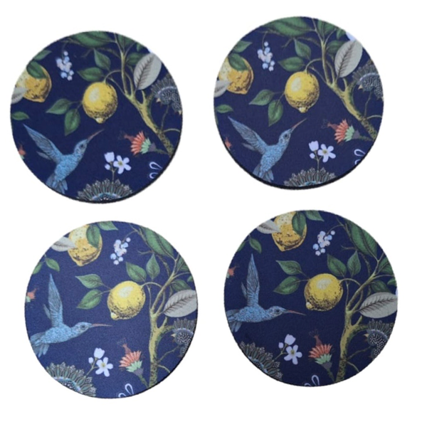 4 Piece WOODEN Coaster Set - Lemon Tree &amp; Blue Bird