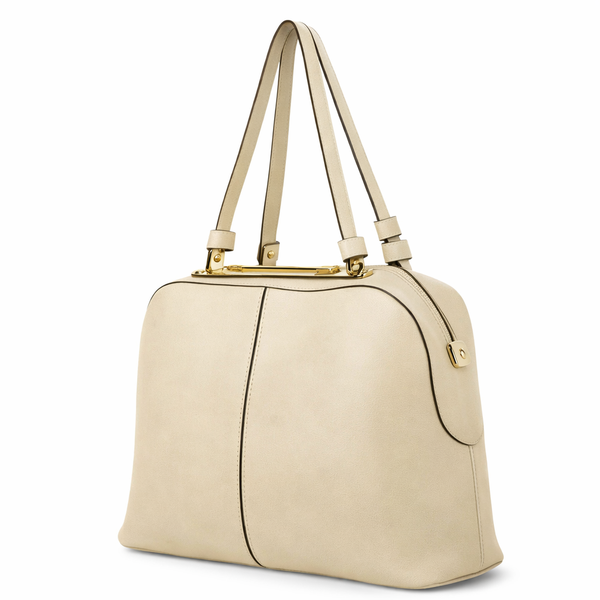 Women's PU Leather Shoulder Handbag with Gold Hardware - Cream