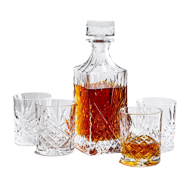 Whiskey Decanter 900ml with 4 Glasses 230ml - Gift Set - Diamond Cut