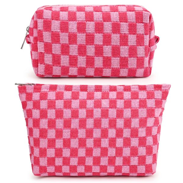 2 Large Checkered Canvas Makeup Bags - Travel Toiletry Organizer