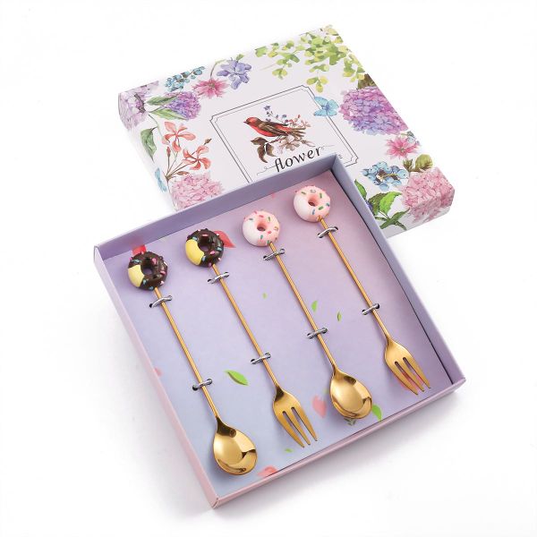 4 Pieces Stainless Steel Donuts Ornament Stirring Coffee Tea Spoon Dessert Fork