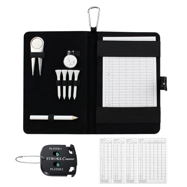Golf Scorecard Holder Organizer Kit with Score Counter Tees Ball Marker