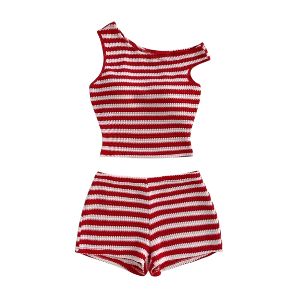Striped Cropped Top And Shorts Set - Red White