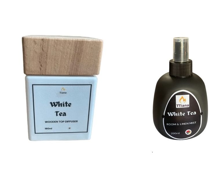 TTiana White Tea Wooden Top Diffuser - 180ml and Room / Linen Mist - 200ml Combo