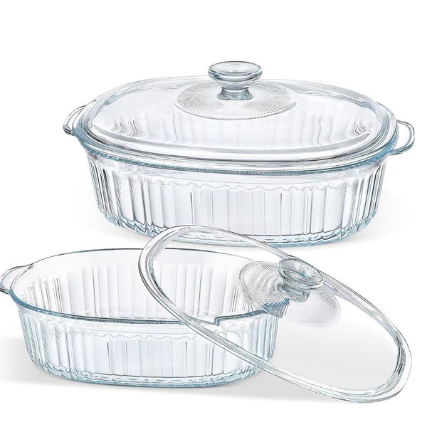 2 Piece Glass Oval Heat Resistant Casserole Dish With Lids 1.8L &amp;2.8L